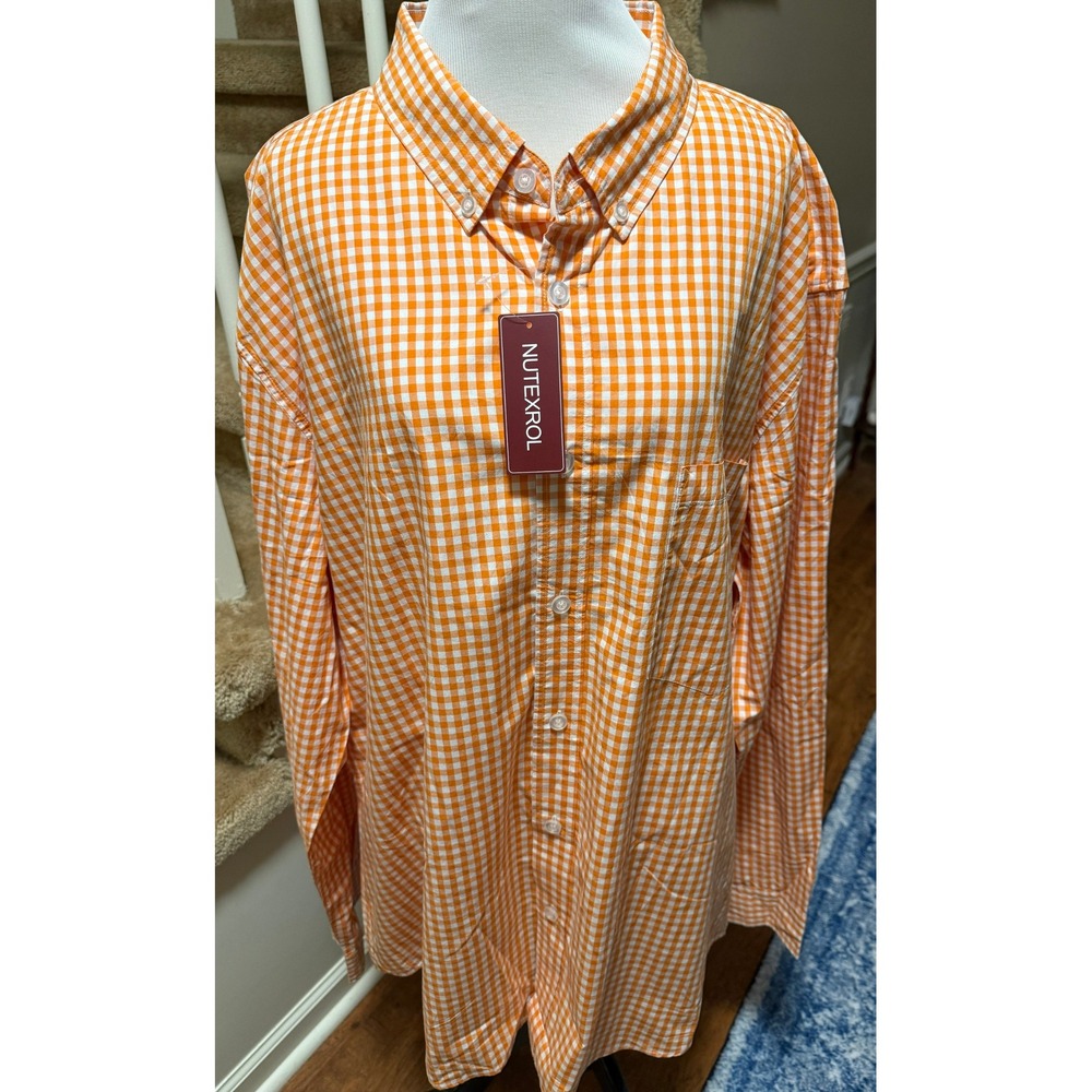 Nutexrol Mens 2XL Orange Gingham Button Down Shirt 100% Cotton Long Sleeve New